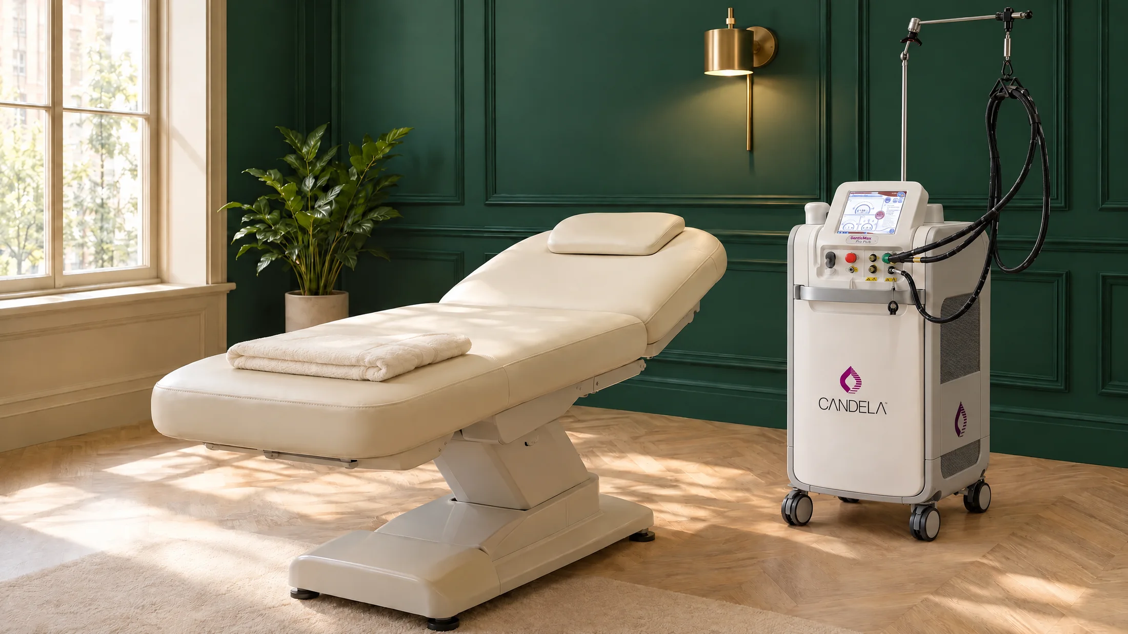 Behandelruimte in crème en emerald — laserontharing bij Glow & Go by Yaren in Venlo
